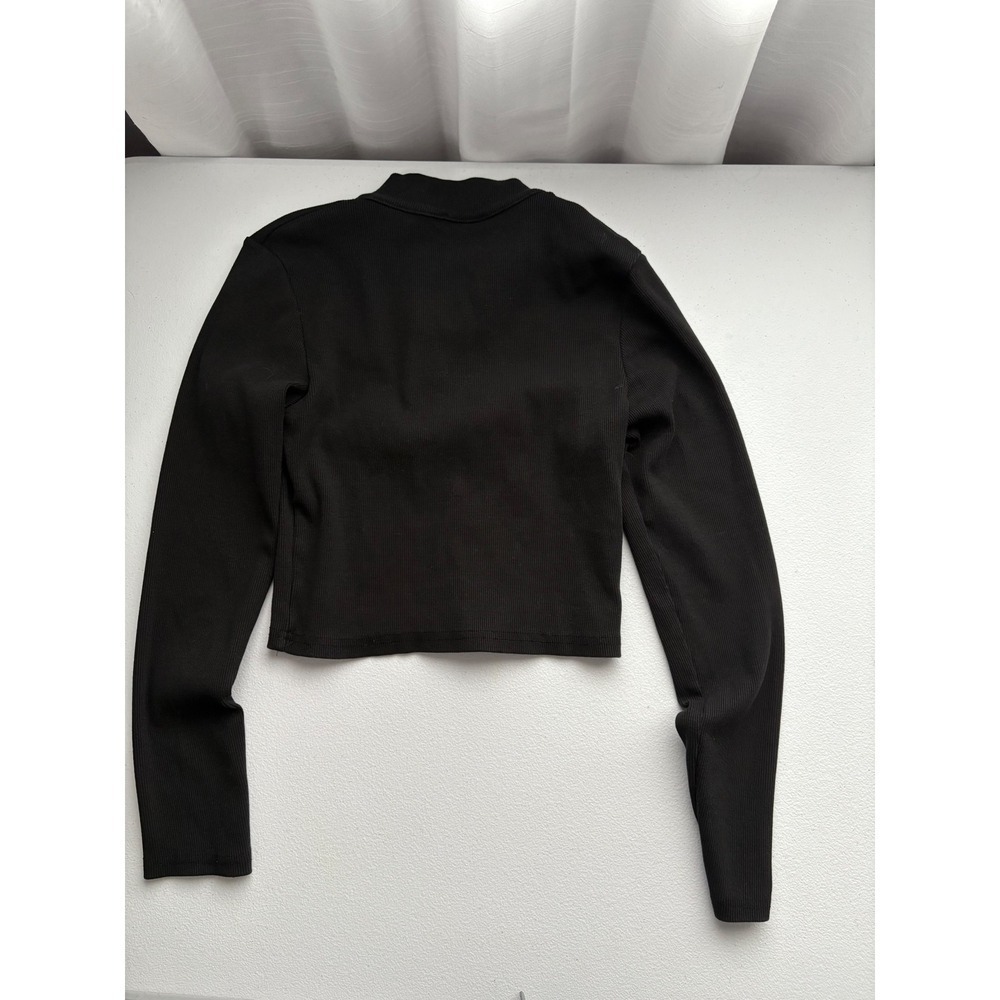 Zara Black Ribbed Knit Half Zip Long Sleeve Crop Top Women's - Picture 3 of 3